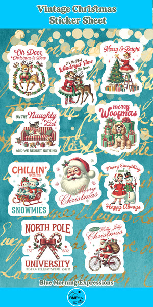 Vintage Christmas sticker sheet with festive designs and text on a blue background.