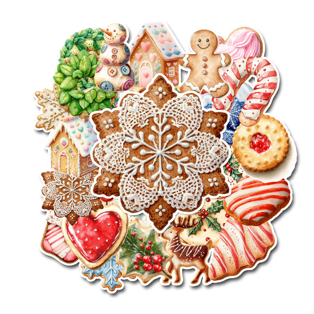 Collection of festive cookies with various designs on a white background
