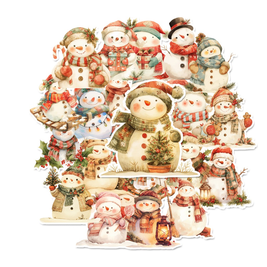 Collection of decorative snowmen with various outfits and accessories on a white background