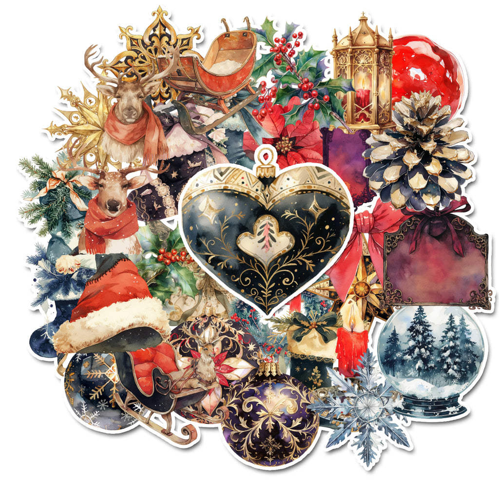 Collage of festive Christmas elements including reindeer, Santa Claus, and decorative items on a white background.