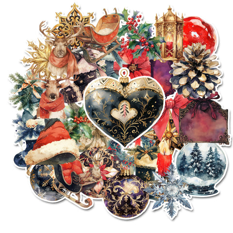 Collage of festive Christmas elements including reindeer, Santa Claus, and decorative items on a white background.