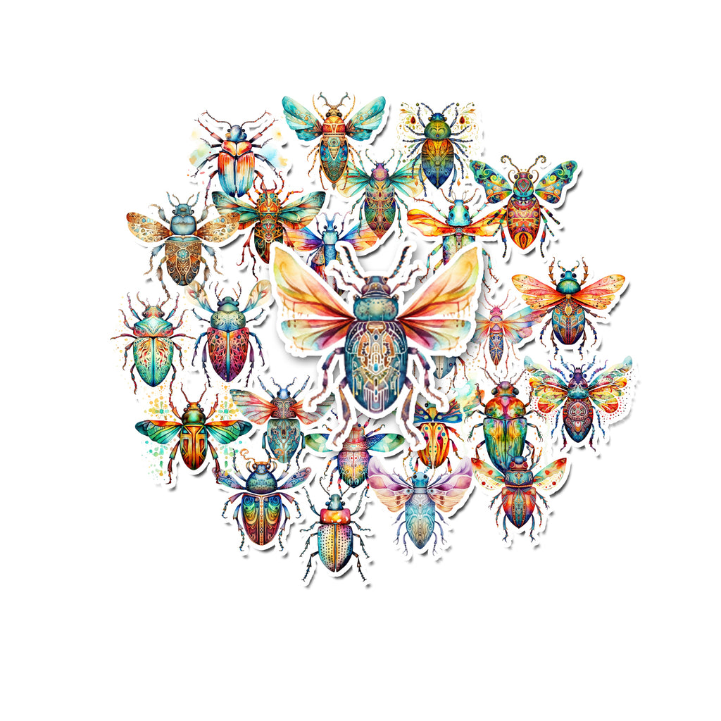 Colorful beetle illustrations arranged in a heart shape on a white background