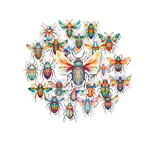 Colorful beetle illustrations arranged in a heart shape on a white background