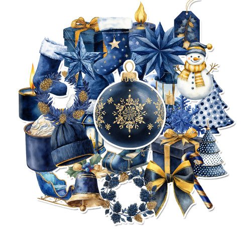 Collection of blue and gold Christmas-themed items including ornaments, presents, and a snowman on a white background.