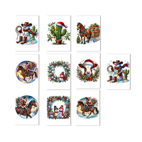 Set of Christmas-themed cards with various illustrations on a white background