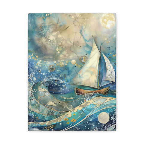 Whimsical Nautical Canvas Art - Sail Boat Waves Stars and Moon Mixed Media Print