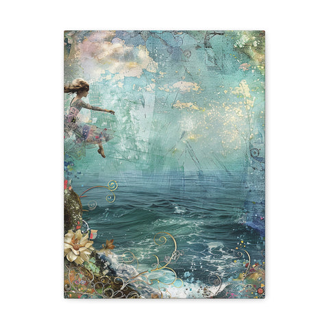Whimsical Nautical Canvas Art - Woman Leaping into the Ocean Mixed Media Print
