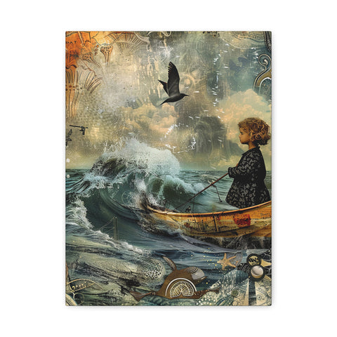 Whimsical Nautical Canvas Art - Child in Boat with Crow Decor Mixed Media Print