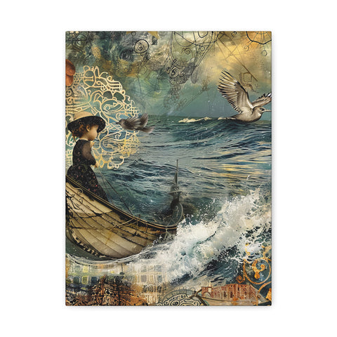 
Whimsical Nautical Canvas Art - Doll on Boat Seagull Waves Mixed Media Print