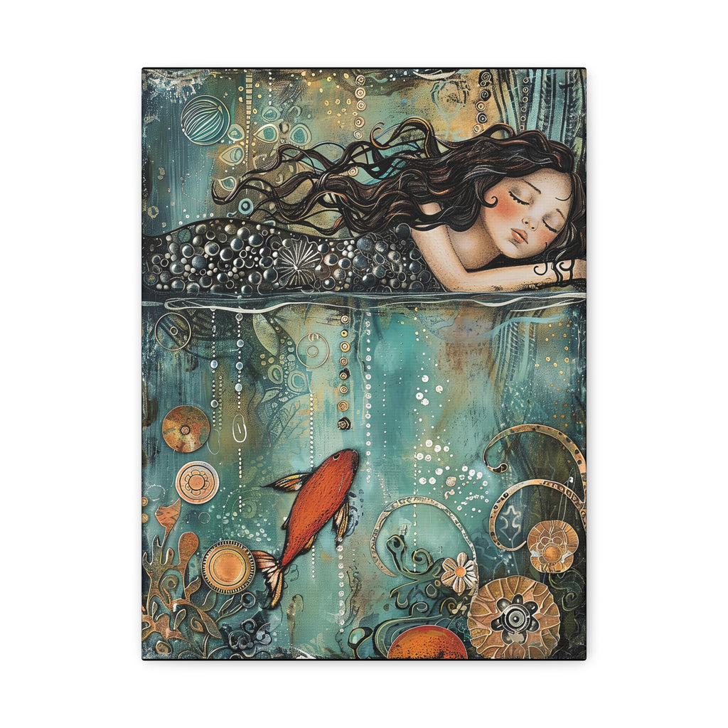 Whimsical Nautical Canvas Art - Mermaid Sleeping on the Ocean Mixed Media Print
