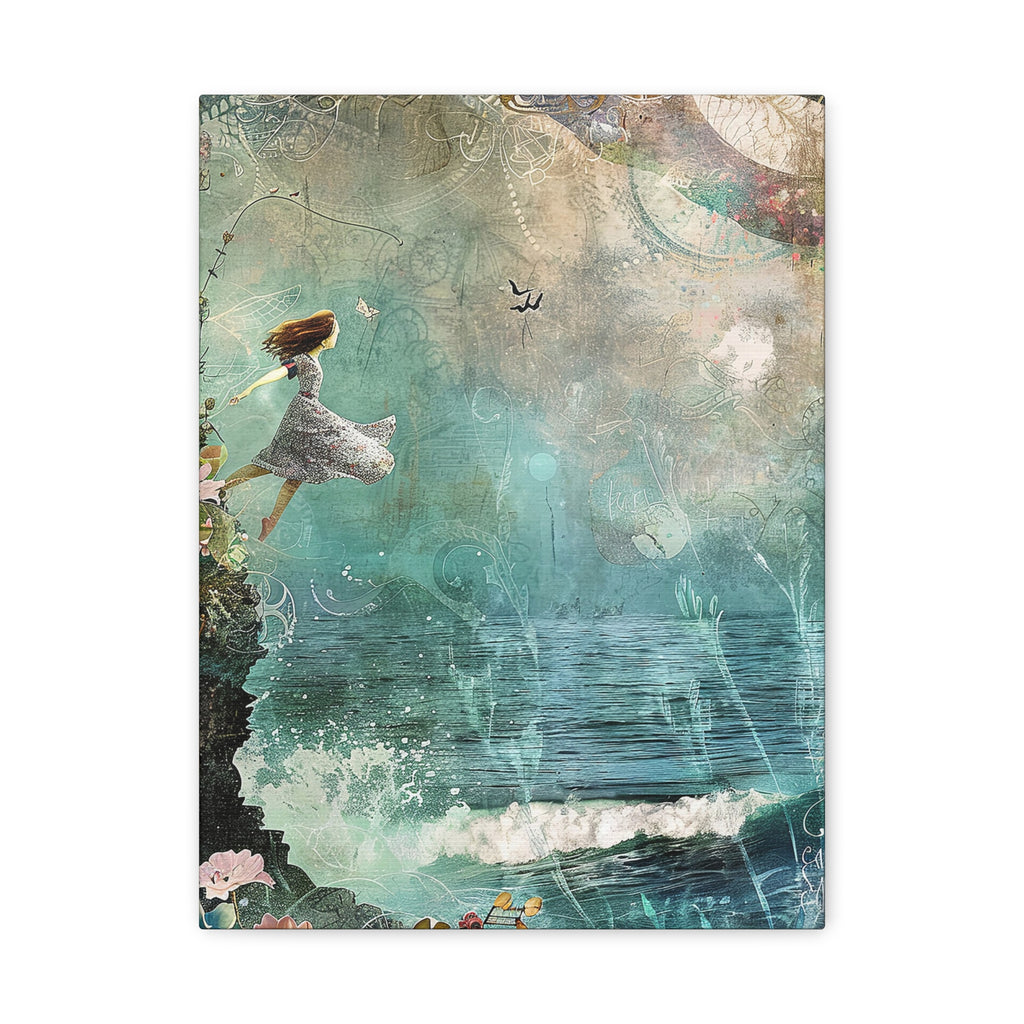 Whimsical Nautical Canvas Art - Woman on Cliff over Ocean  Decor Mixed Media Print