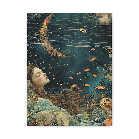 Whimsical Nautical Canvas Art - Woman Sleeping in the Ocean Mixed Media Print