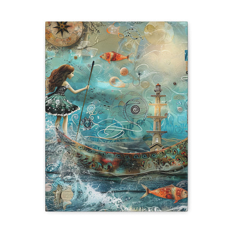 Whimsical Nautical Canvas Art - Vintage Girl Fishing Decor Mixed Media Print