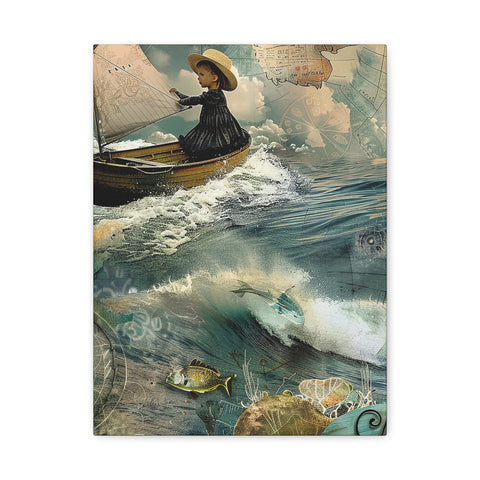 Whimsical Nautical Canvas Art - Vintage Girl Fishing Decor Mixed Media Print