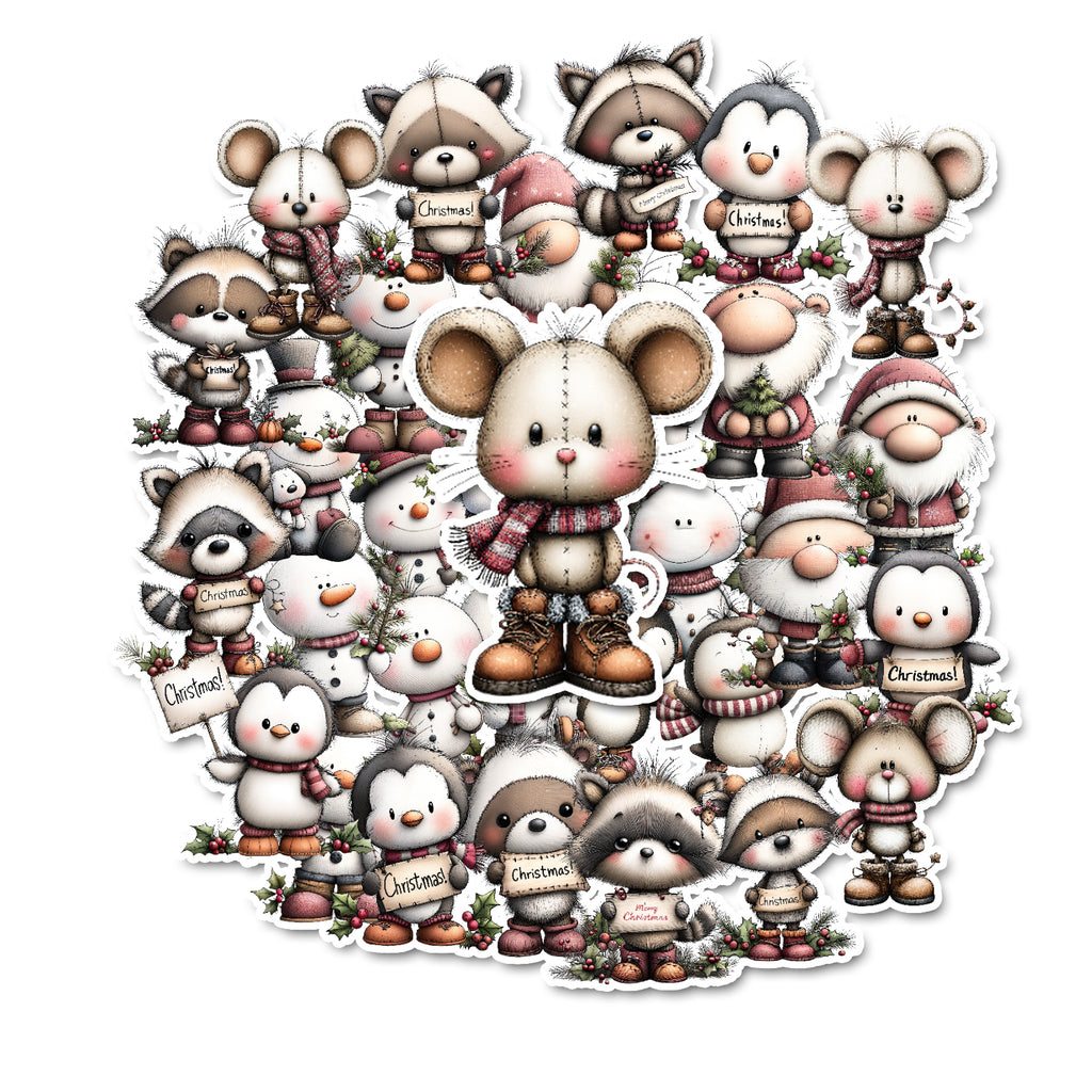 Collection of Christmas-themed animal stickers arranged in a circular pattern on a white background.