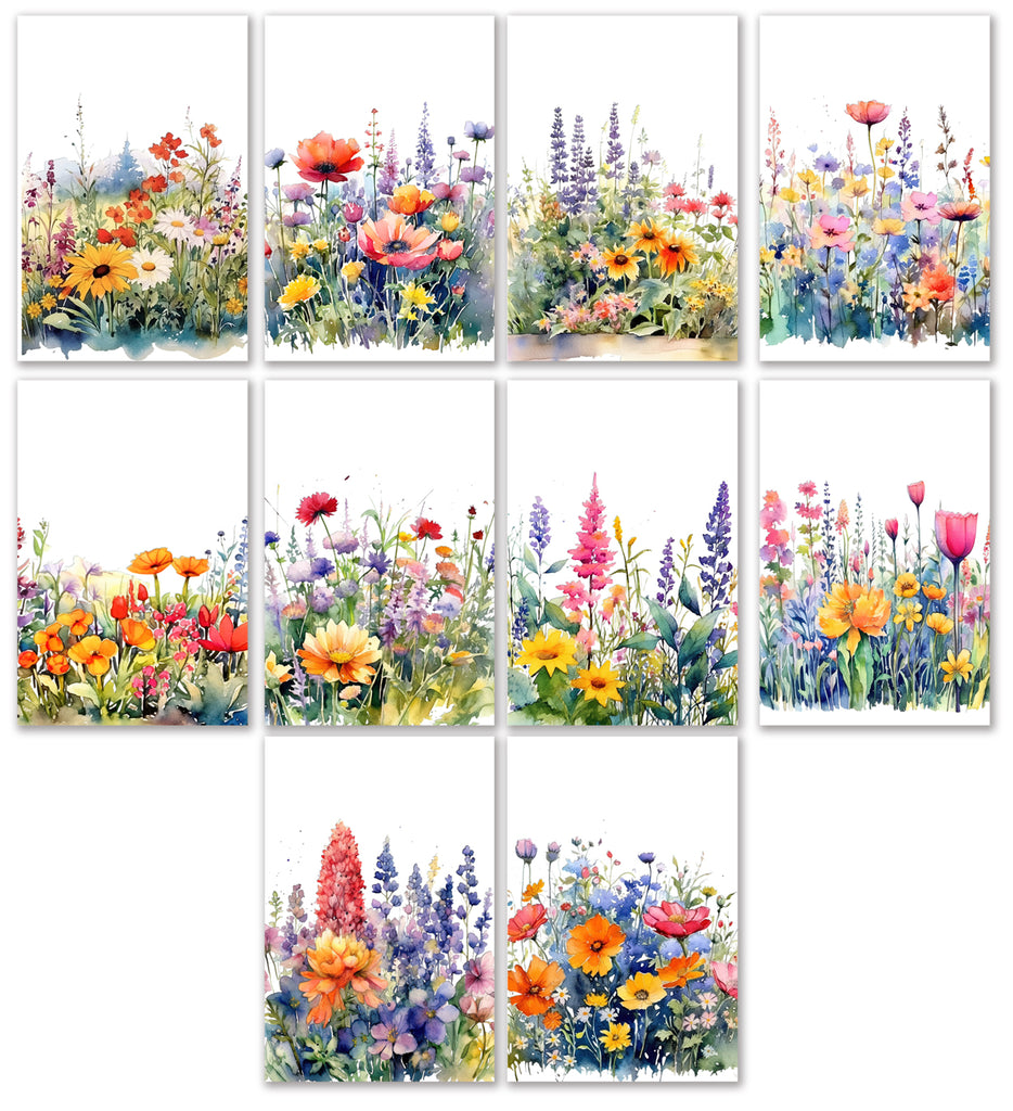 10 Handmade Watercolor Wildflowers – Blank Inside – Folded 4x6 Every Occasion Cards with White Envelopes