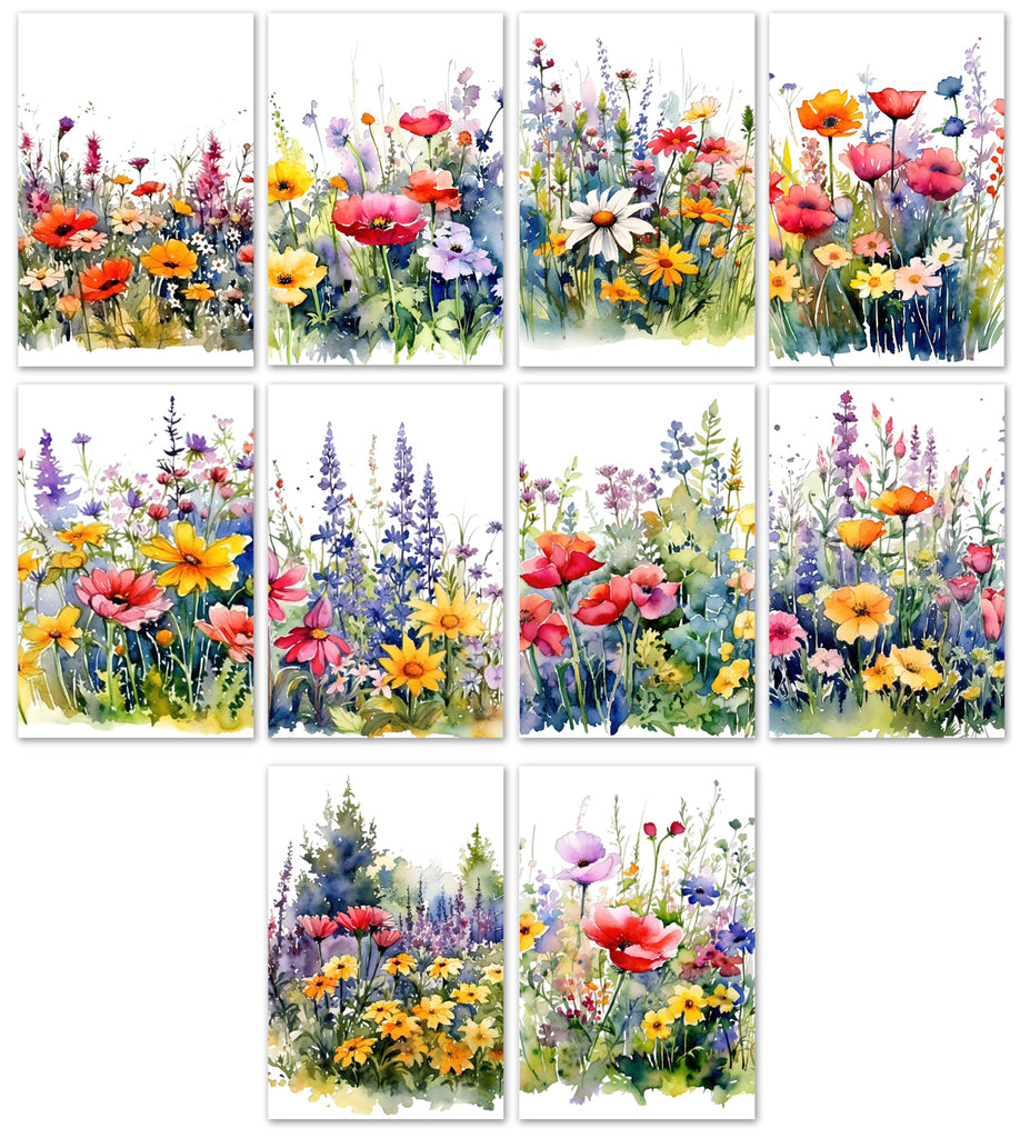10 Handmade Watercolor Wildflowers – Blank Inside – Folded 4x6 Every Occasion Cards with White Envelopes