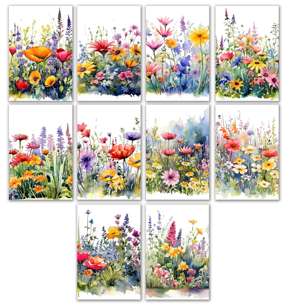 10 Handmade Watercolor Wildflowers – Blank Inside – Folded 4x6 Every Occasion Cards with White Envelopes