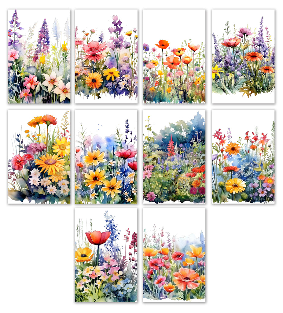 10 Handmade Watercolor Wildflowers – Blank Inside – Folded 4x6 Every Occasion Cards with White Envelopes