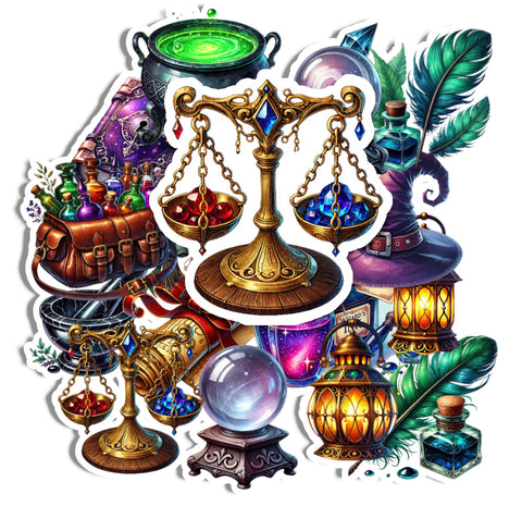 Magical items including scales, potions, and lanterns on a white background