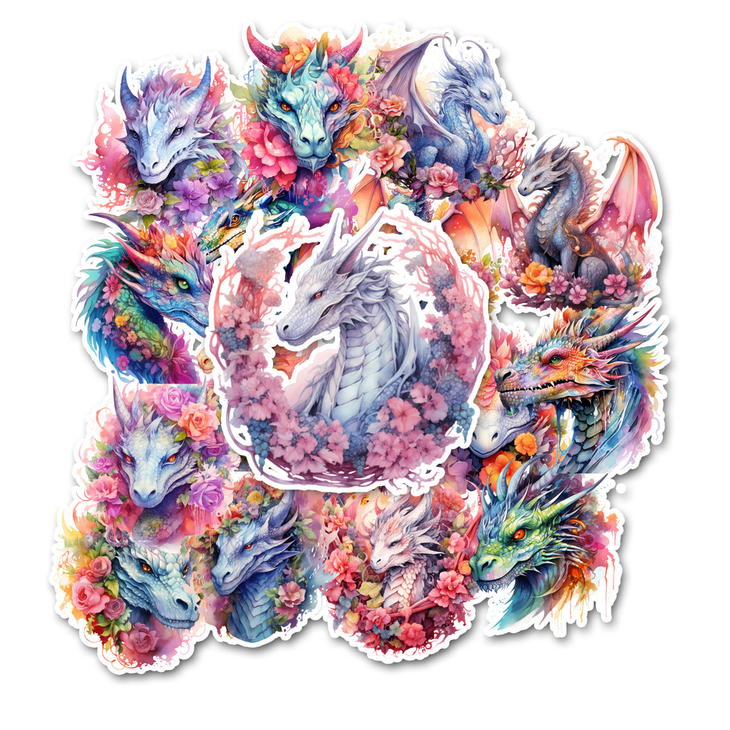 Colorful dragon illustration surrounded by flowers on a white background