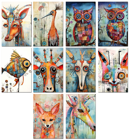 10 Handmade Abstract Animals – Blank Inside – Folded 4x6 Every Occasion Notecards with White Envelopes