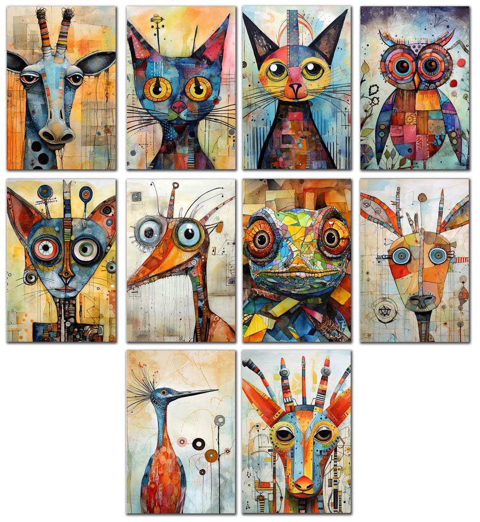 10 Handmade Abstract Animals – Blank Inside – Folded 4x6 Every Occasion Cards with White Envelopes
