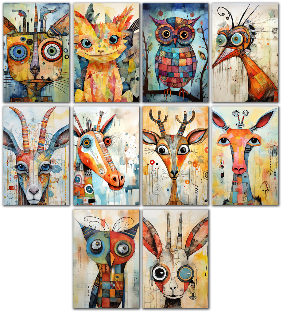 10 Handmade Abstract Animals – Blank Inside – Folded 4x6 Every Occasion Cards with White Envelopes 