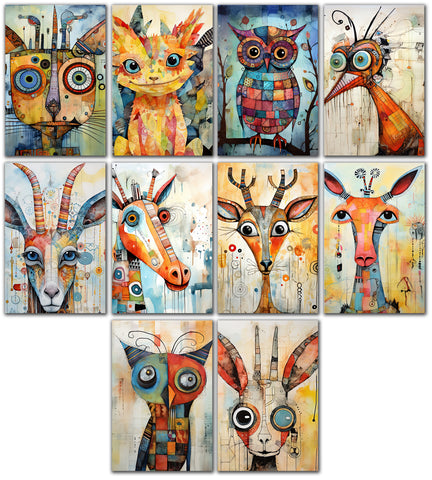 10 Handmade Abstract Animals – Blank Inside – Folded 4x6 Every Occasion Cards with White Envelopes 