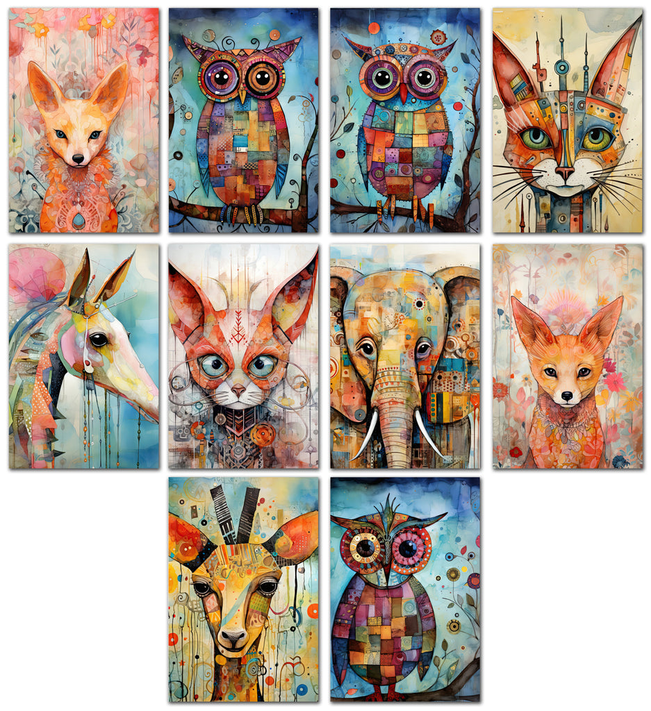 10 Handmade Abstract Animals – Blank Inside – Folded 4x6 Every Occasion Cards with White Envelopes