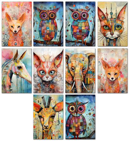 10 Handmade Abstract Animals – Blank Inside – Folded 4x6 Every Occasion Cards with White Envelopes