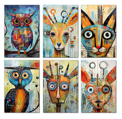 6 Handmade Abstract Animals – Blank Inside – Folded 4x6 Every Occasion Cards with White Envelopes