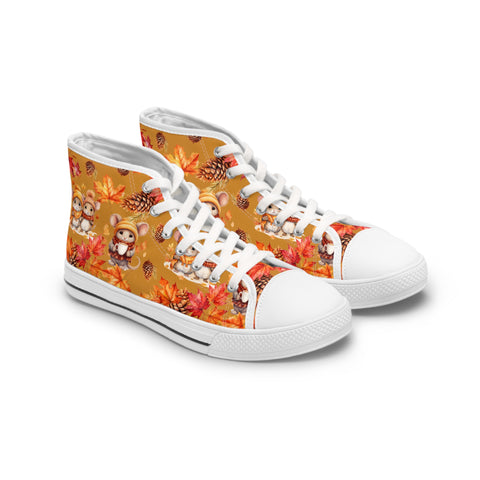 White high-top sneakers with a colorful autumn-themed design on a white background