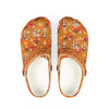 Pair of slippers with autumn-themed design on a white background