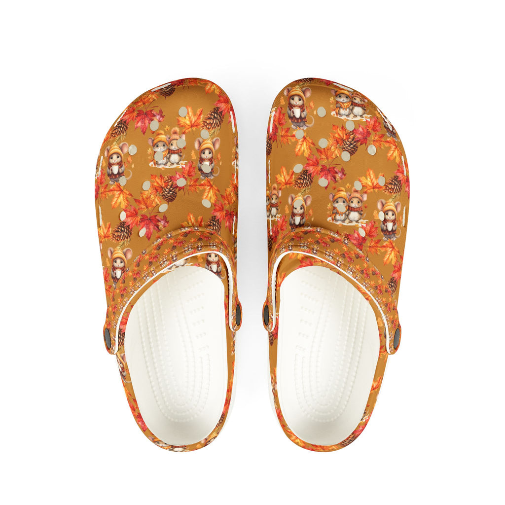 Pair of slippers with autumn-themed design on a white background
