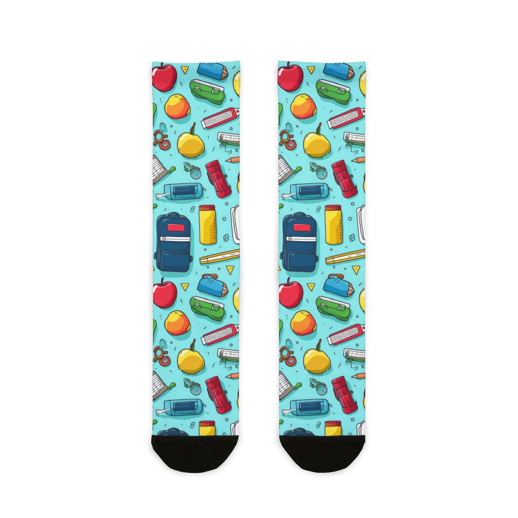 Colorful socks with school-themed design on a light blue background