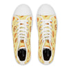Pair of sneakers with a pizza pattern on a white background