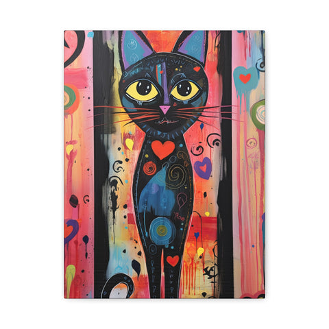 Colorful painting of a black cat with abstract patterns on a white background