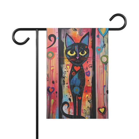Decorative garden flag with a colorful black cat design on a white background