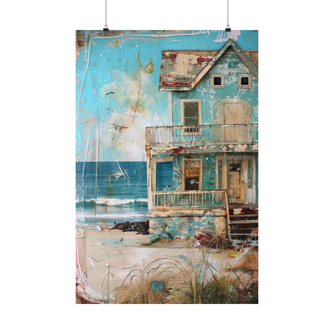 Collage of a distressed house by the water with boats and natural elements.