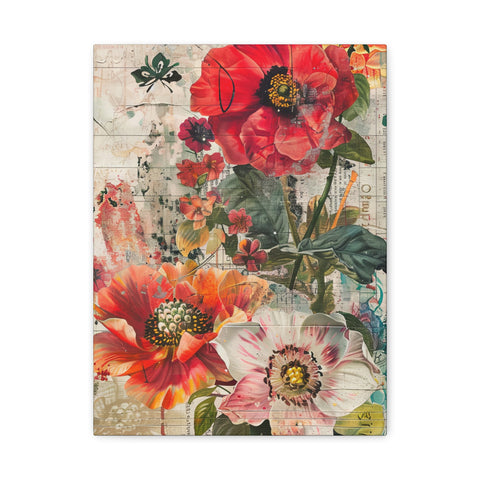 Floral design with red, orange, and pink flowers on a textured background