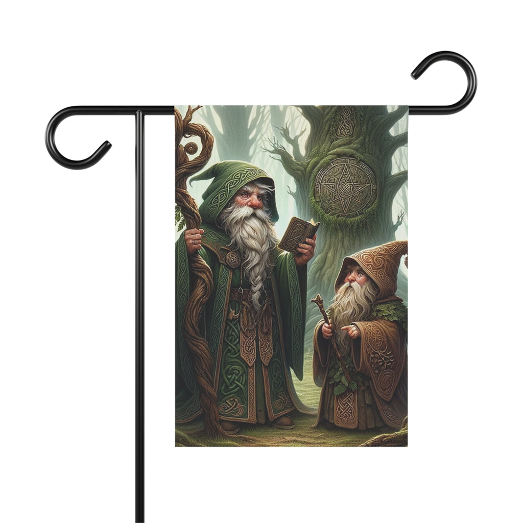 Decorative garden flag with two gnomes in a forest setting on a white background.