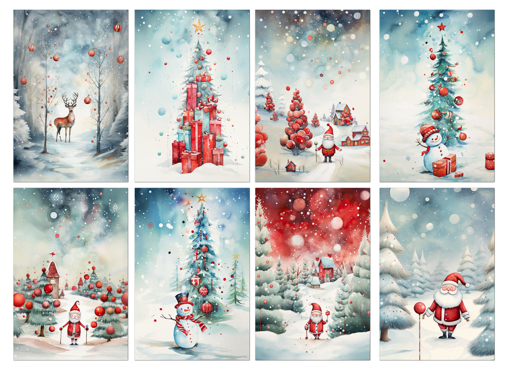 Set of Christmas-themed illustrations with trees, Santa Claus, and reindeer in a snowy landscape.