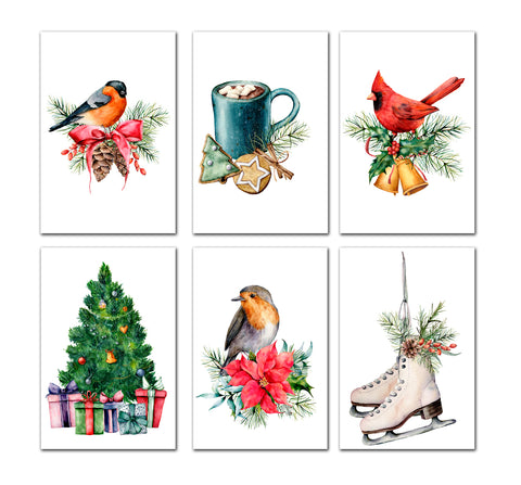 6 Handmade Christmas Watercolor – Blank Inside – Folded 4x6 Holiday Cards with White Envelopes