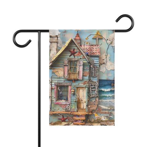 Decorative garden flag with a colorful house design on a white background