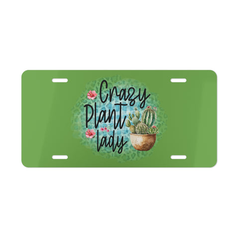 Green license plate with 'Crazy Plant Lady' text and cactus illustration on a white background