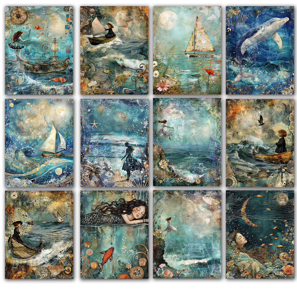 Collage of various artistic illustrations featuring mermaids, boats, and sea creatures.