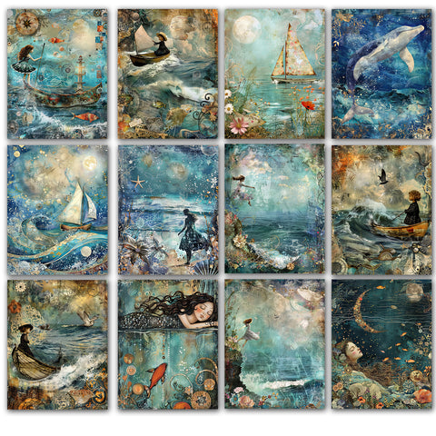 Collage of various artistic illustrations featuring mermaids, boats, and sea creatures.