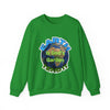 Green sweatshirt with Earth graphic and text on a white background