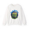 White sweatshirt with Earth graphic and text on a white background